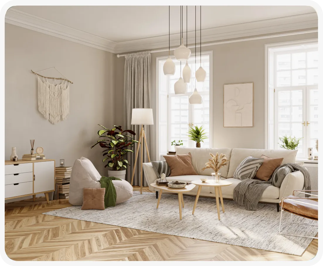A living room with white walls and wooden floors