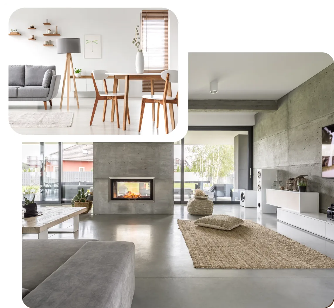A living room with two different pictures of the same room.